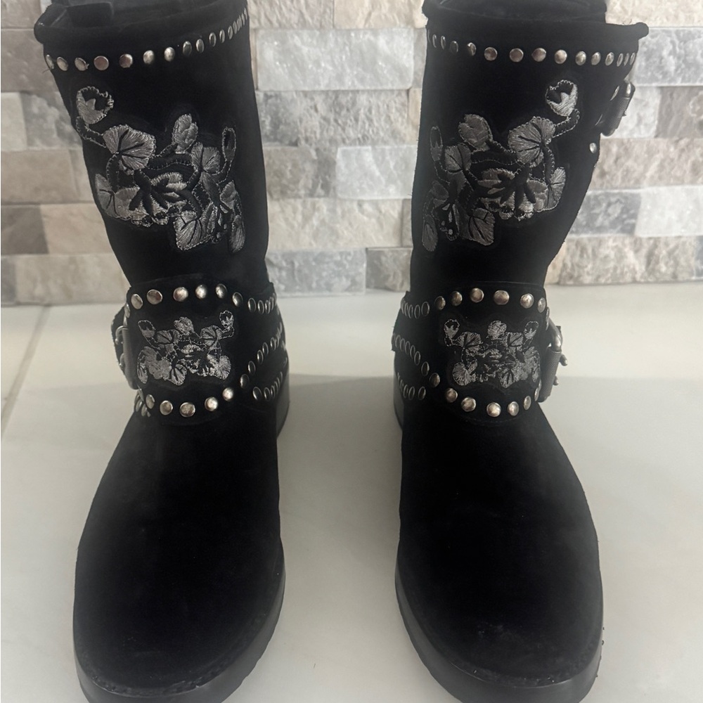Frye Black Suede Embroidered Boots
